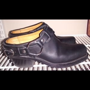 Frye Black Leather Harness Mules Clogs 6.5